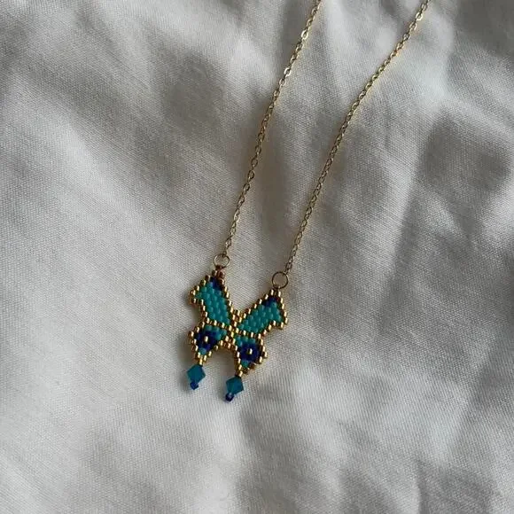 Blue butterfly beaded necklace boho - Picture 1 of 3